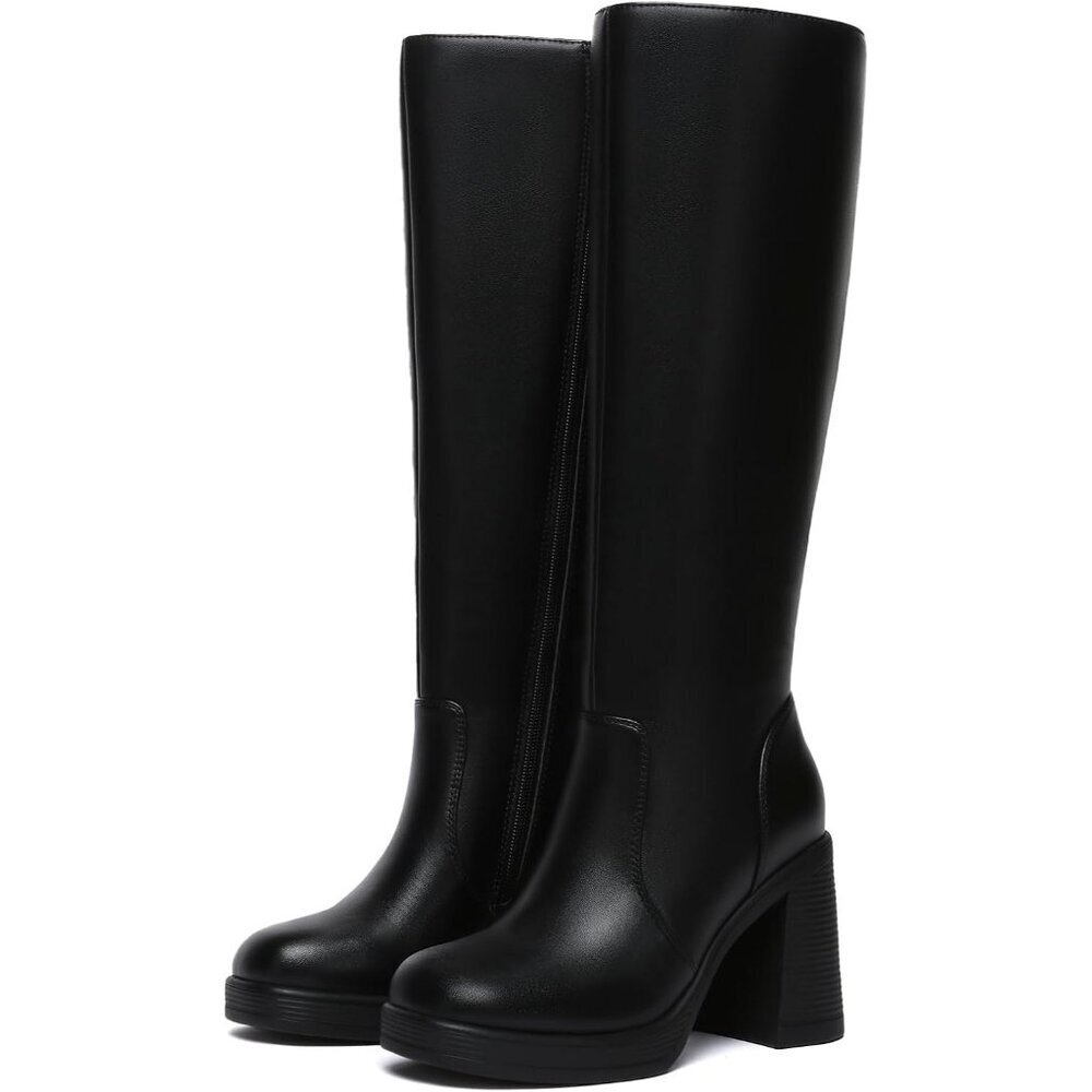 Women's Black Athlefit Knee High Platform Heeled Toe Chunky Side Zipper Boots - Picture 5 of 6